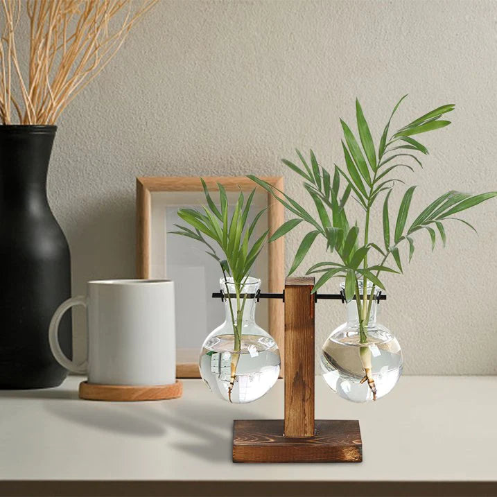Vase en Verre avec Support en Bois