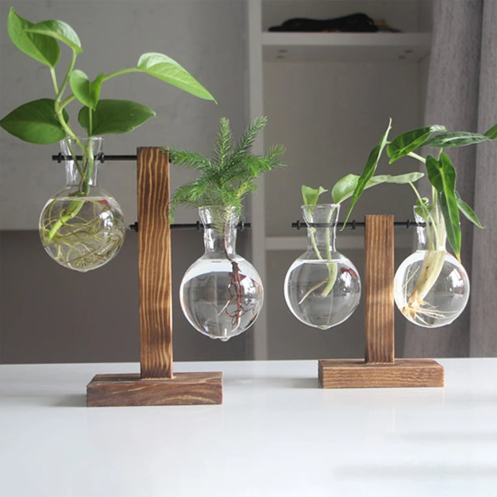 Vase en Verre avec Support en Bois