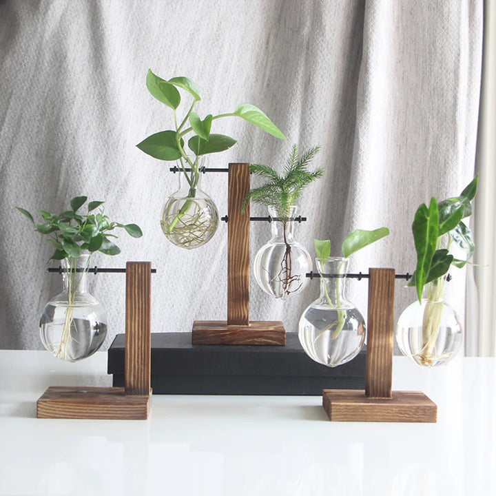 Vase en Verre avec Support en Bois