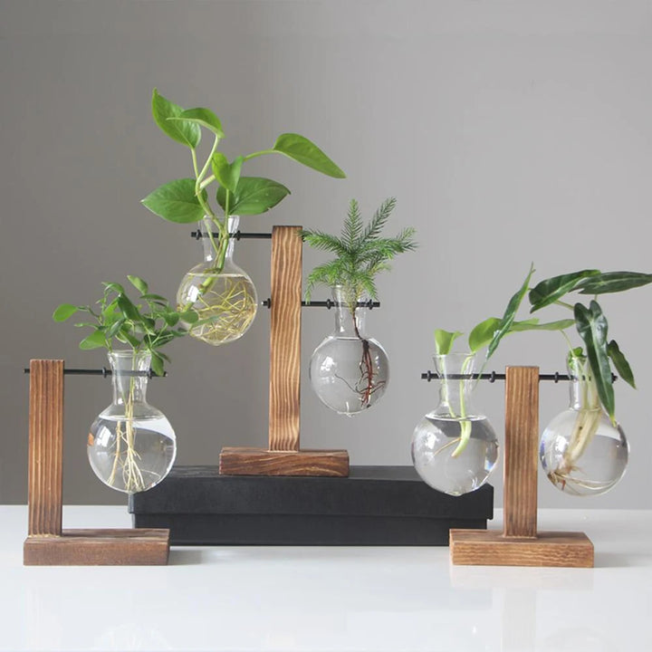 Vase en Verre avec Support en Bois