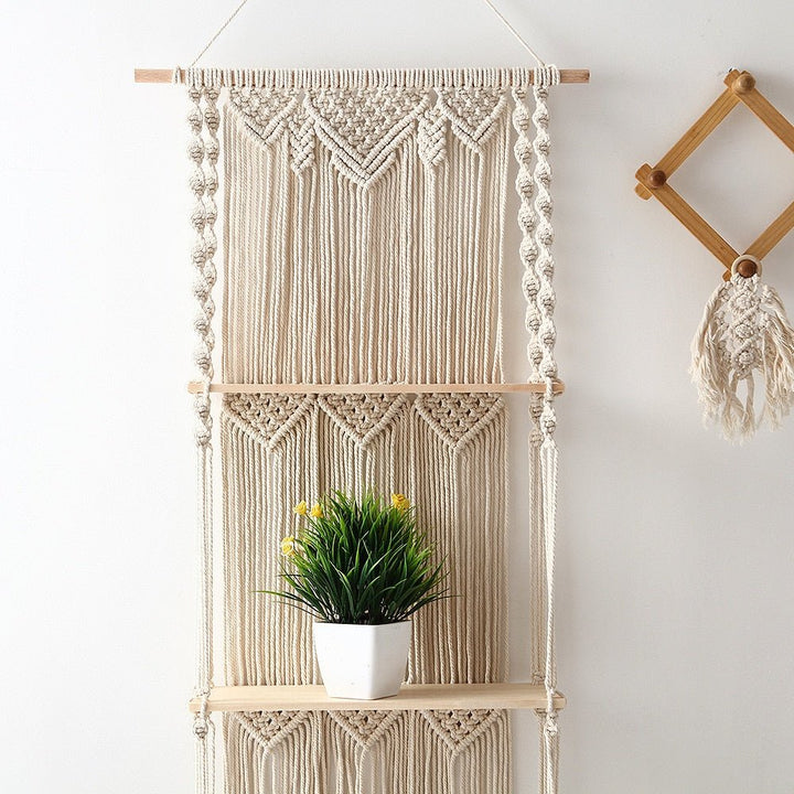 Étagère Murale Flottante en Bois et Macramé – Style Bohème Chic