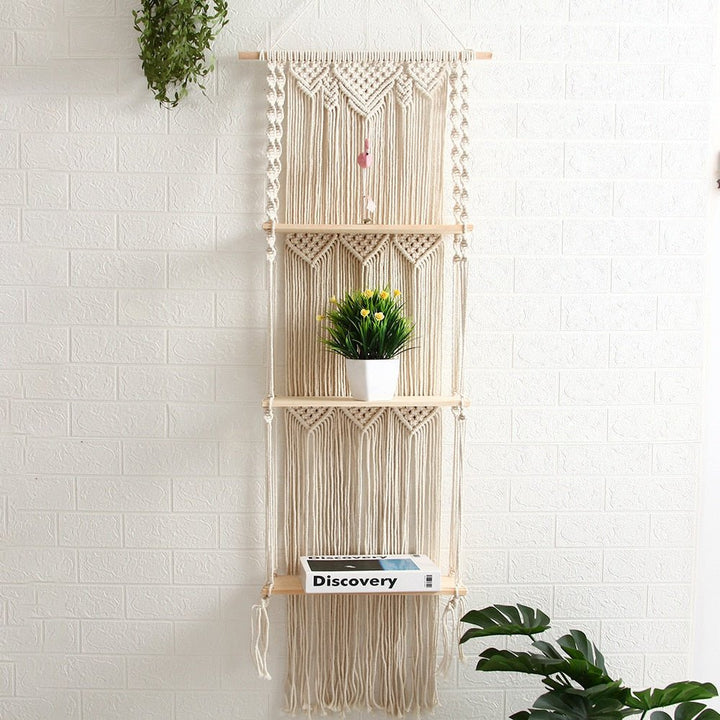 Étagère Murale Flottante en Bois et Macramé – Style Bohème Chic