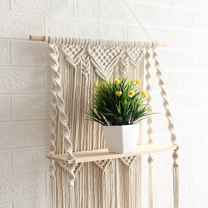 Étagère Murale Flottante en Bois et Macramé – Style Bohème Chic